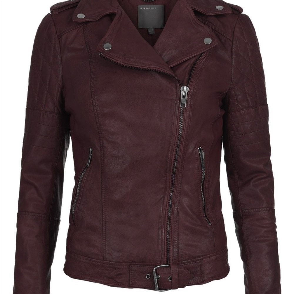 Muubaa Nido Leather Quilted Biker Jacket Deep Red - Picture 10 of 11